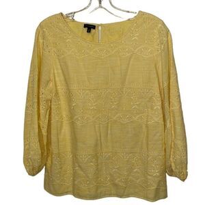 Talbots Yellow Eyelet Cotton Blouse Top Womens Medium Embroidery Lined